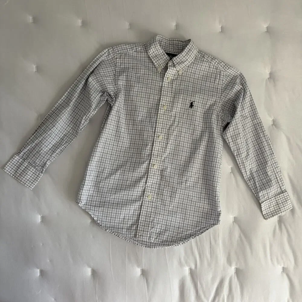 Ralph Lauren Boys Button Down White Shirt Size 7, plaid pattern, classic, casual